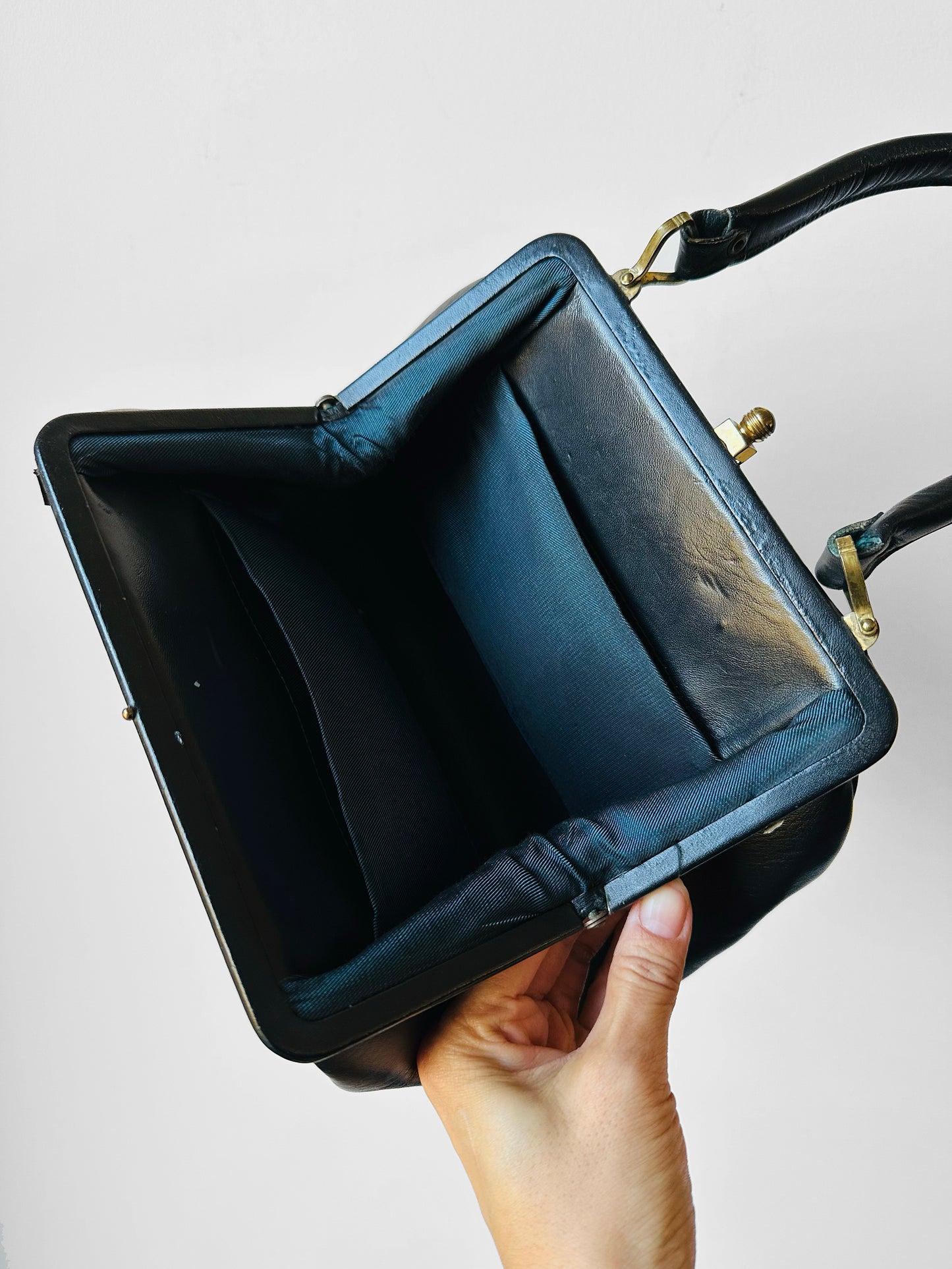 1940s - 1950s Black Leather Handbag with Brass Accents