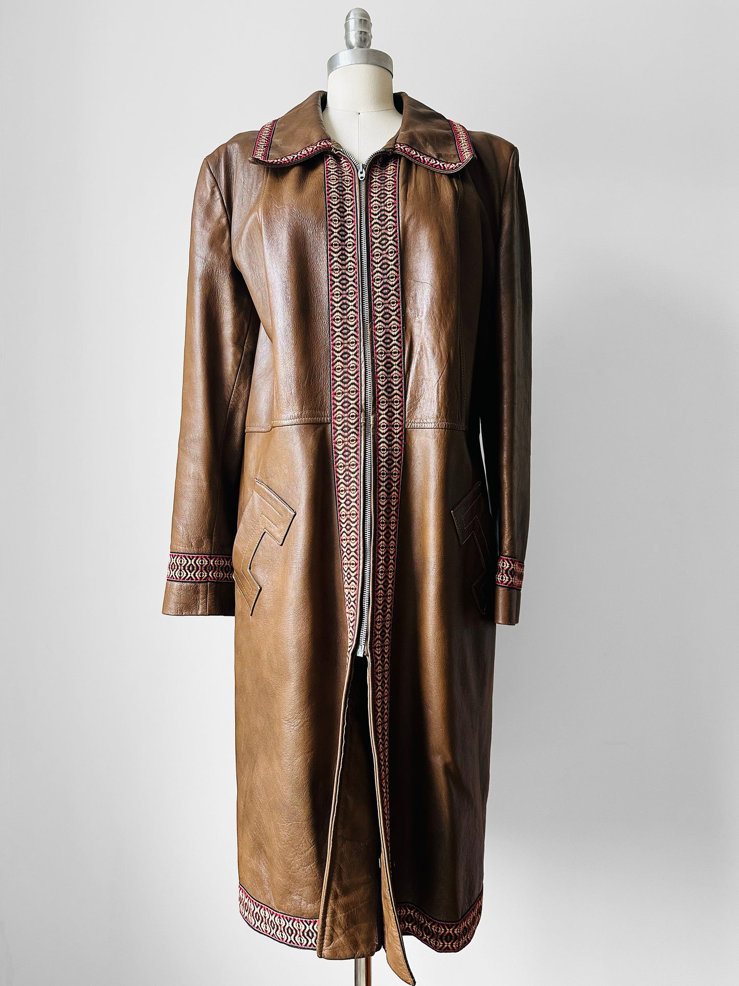 Late 1960s Saddle Brown Leather Woven Trim Metal Zipper Coat - Sz. M