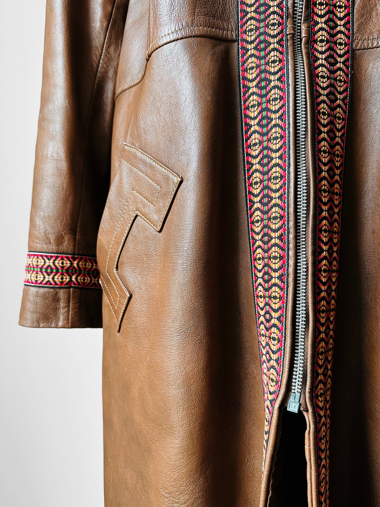 Late 1960s Saddle Brown Leather Woven Trim Metal Zipper Coat - Sz. M