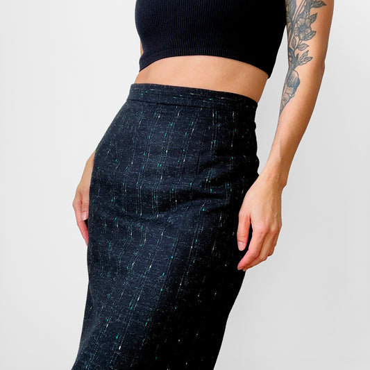 1980s Black Green White Speckled Wool Blend Midi-Length Straight Skirt - Sz. S