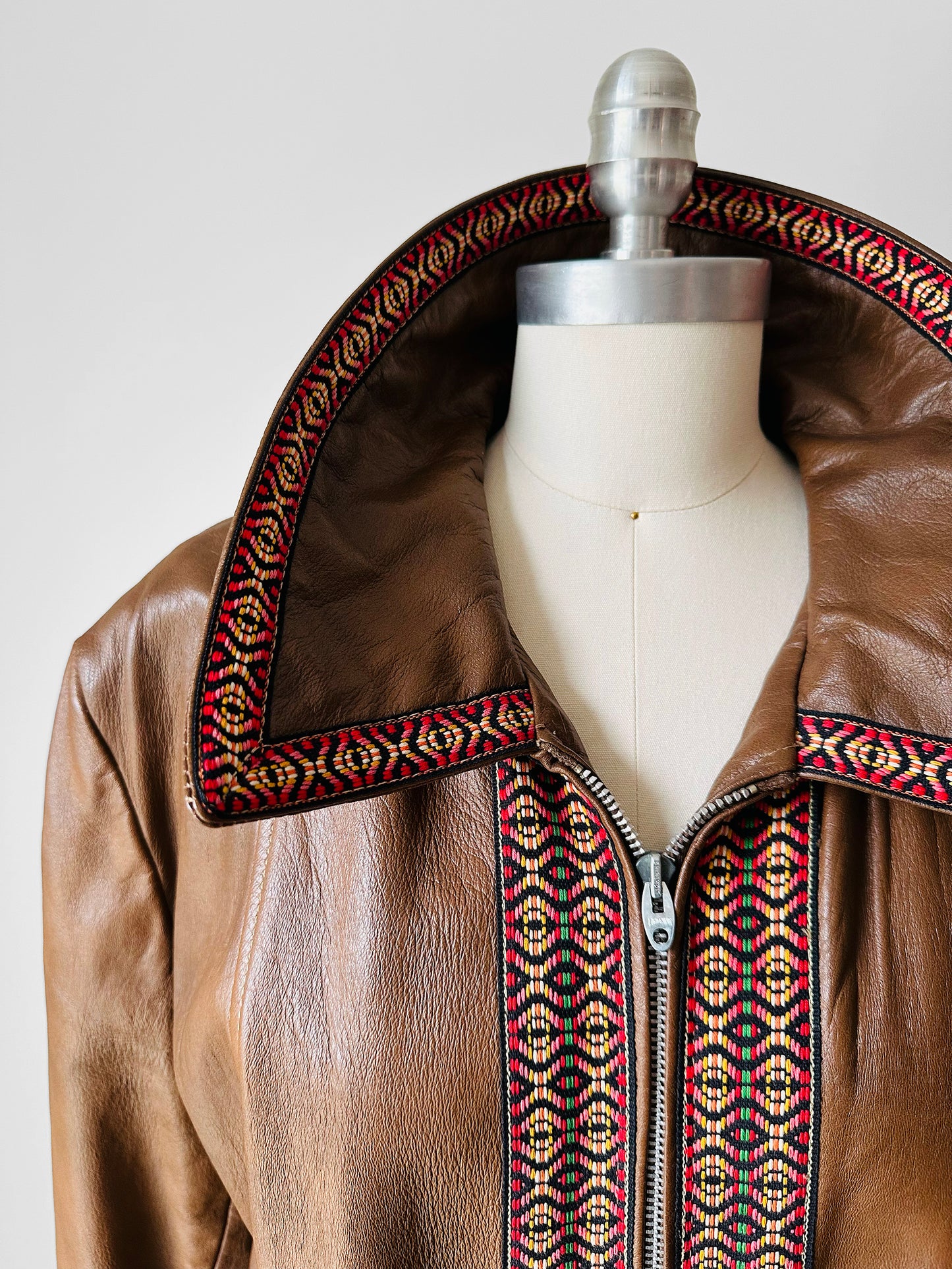 Late 1960s Saddle Brown Leather Woven Trim Metal Zipper Coat - Sz. M