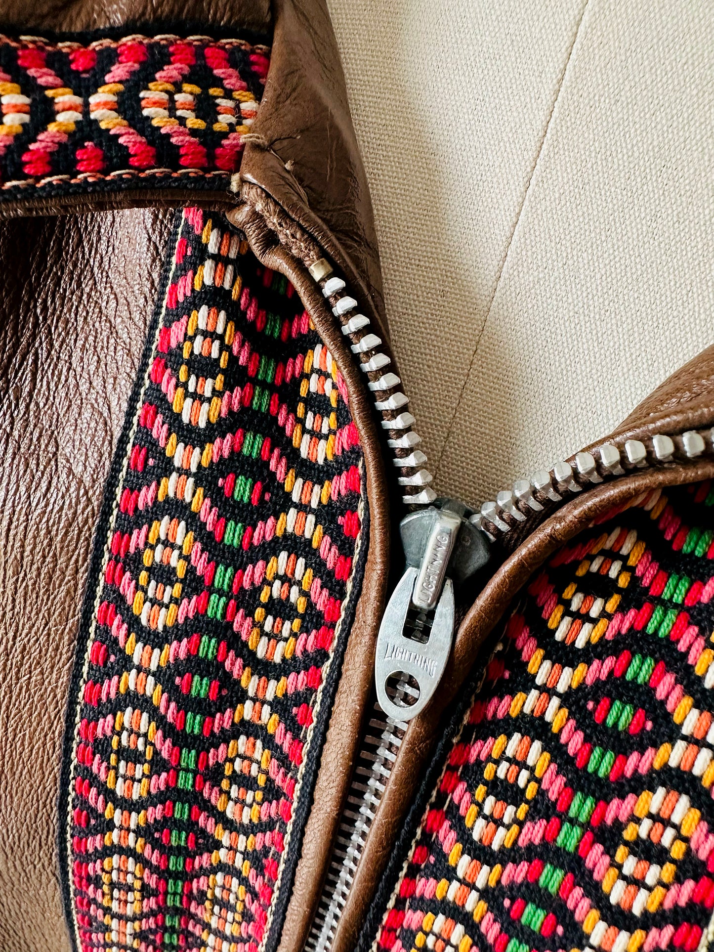 Late 1960s Saddle Brown Leather Woven Trim Metal Zipper Coat - Sz. M