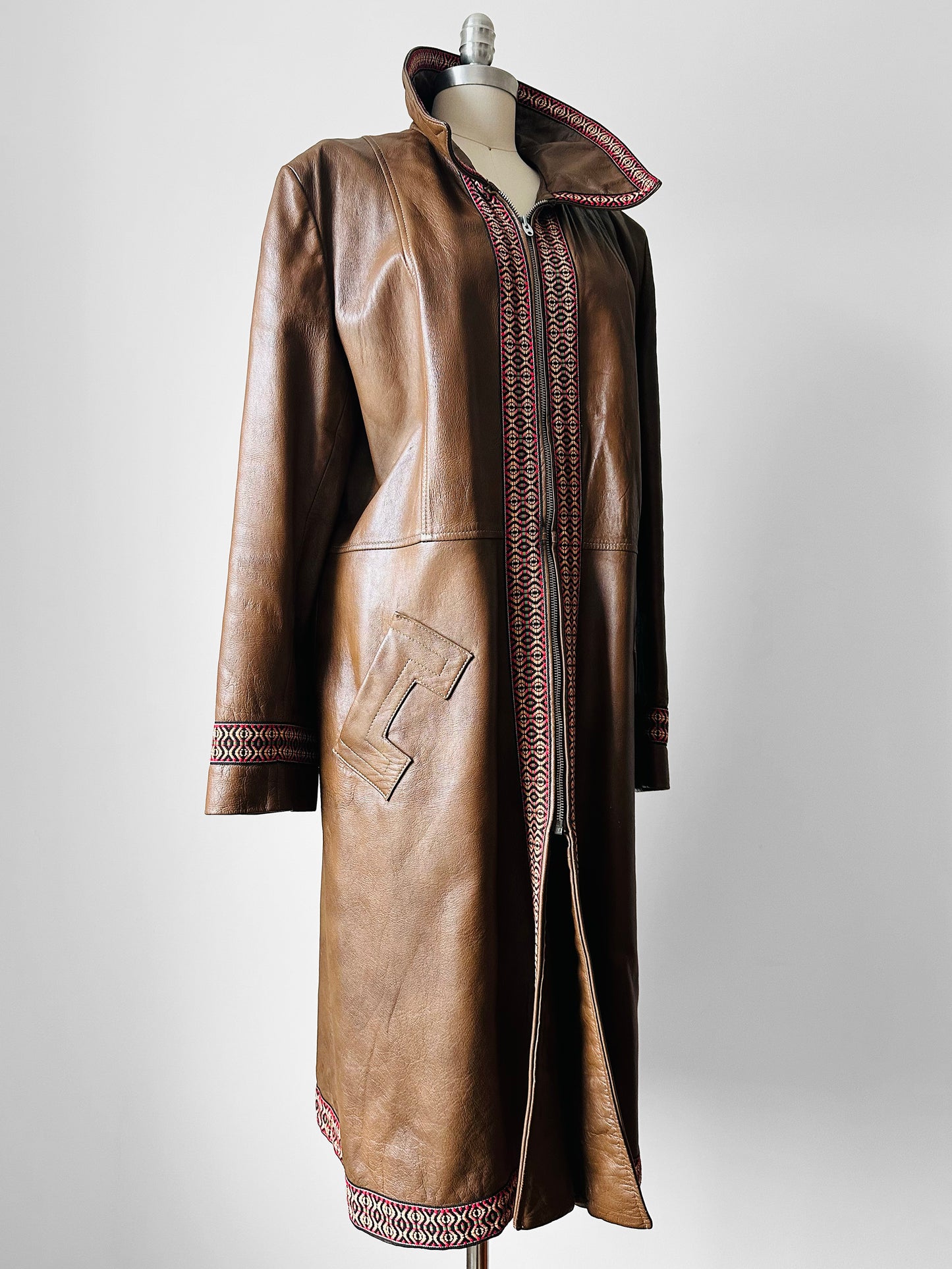 Late 1960s Saddle Brown Leather Woven Trim Metal Zipper Coat - Sz. M