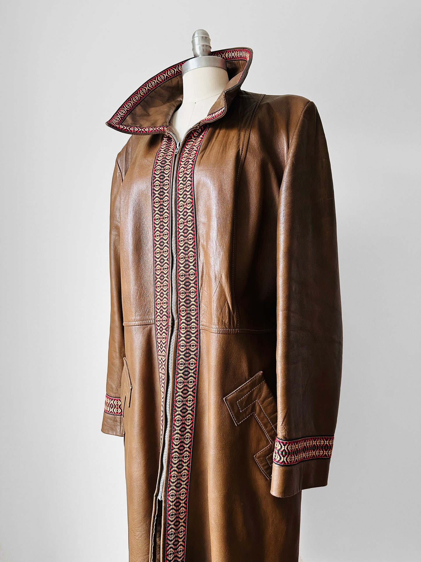 Late 1960s Saddle Brown Leather Woven Trim Metal Zipper Coat - Sz. M