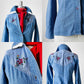 1990s - 2000s Floral Cross Stitch Button-Front Chambray Jean Denim Shirt - Sz. XS