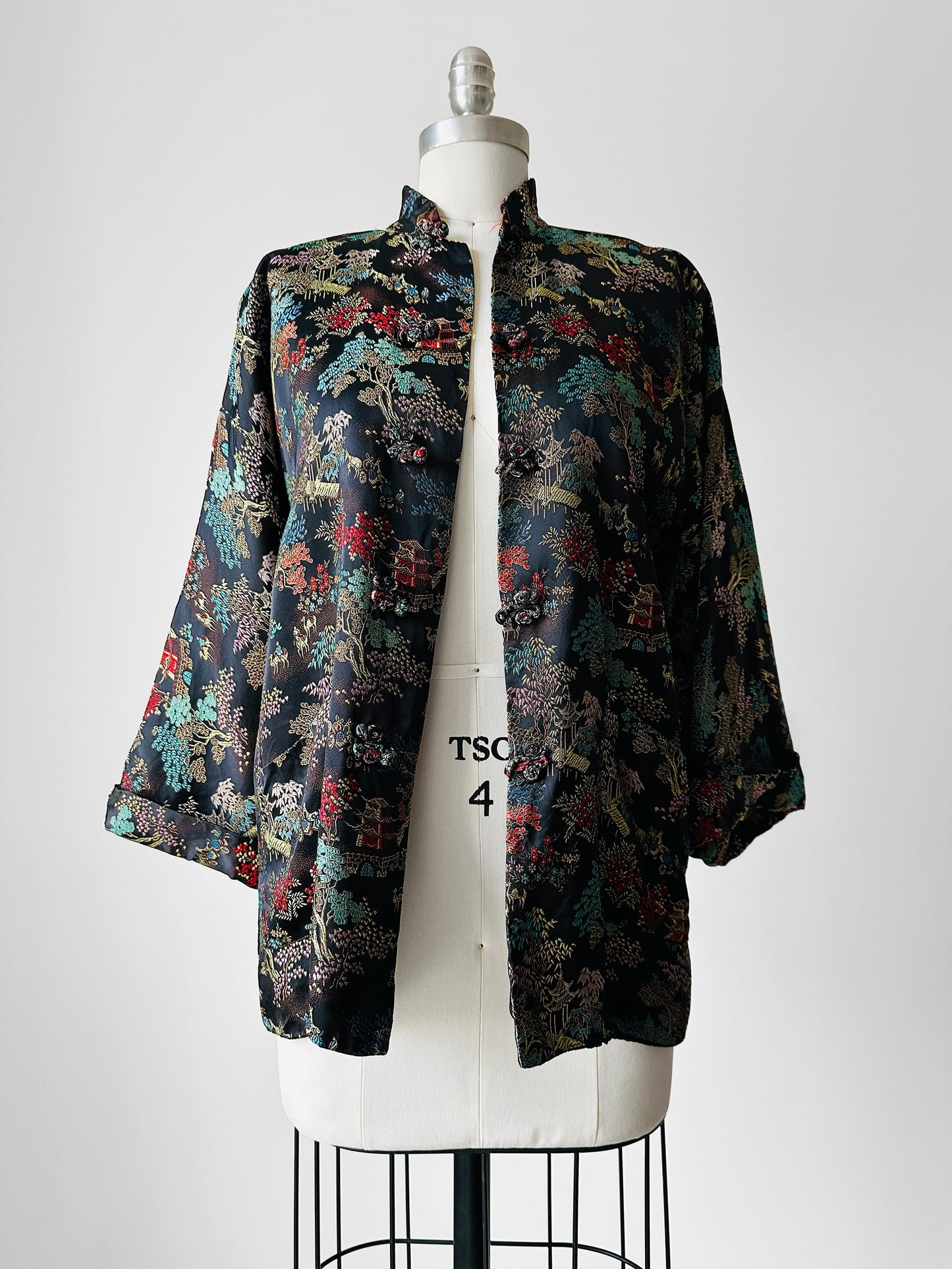 1960s Mid-Century Black Silk Chinoiserie Landscape Mandarin Collar Jacket - Sz. Sm
