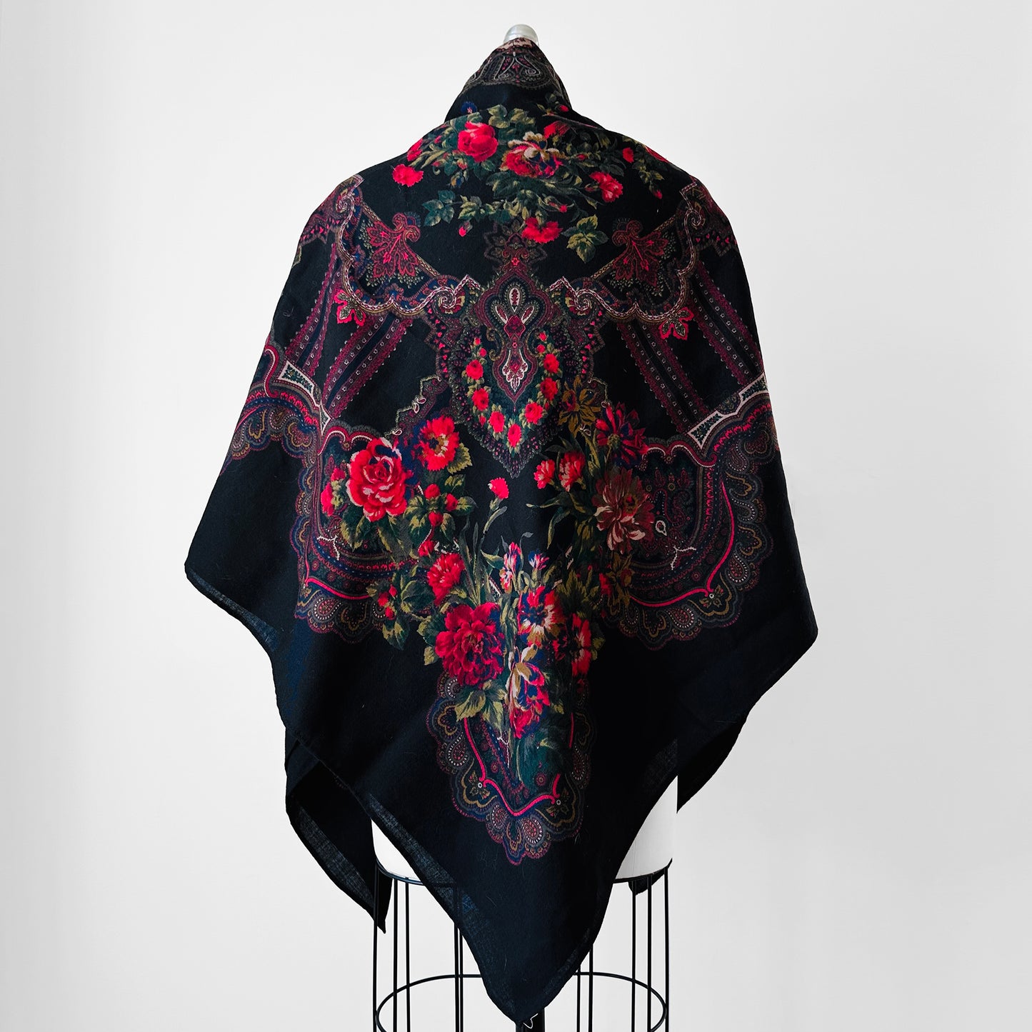 X-Large Black and Red Floral Italian Wool Scarf