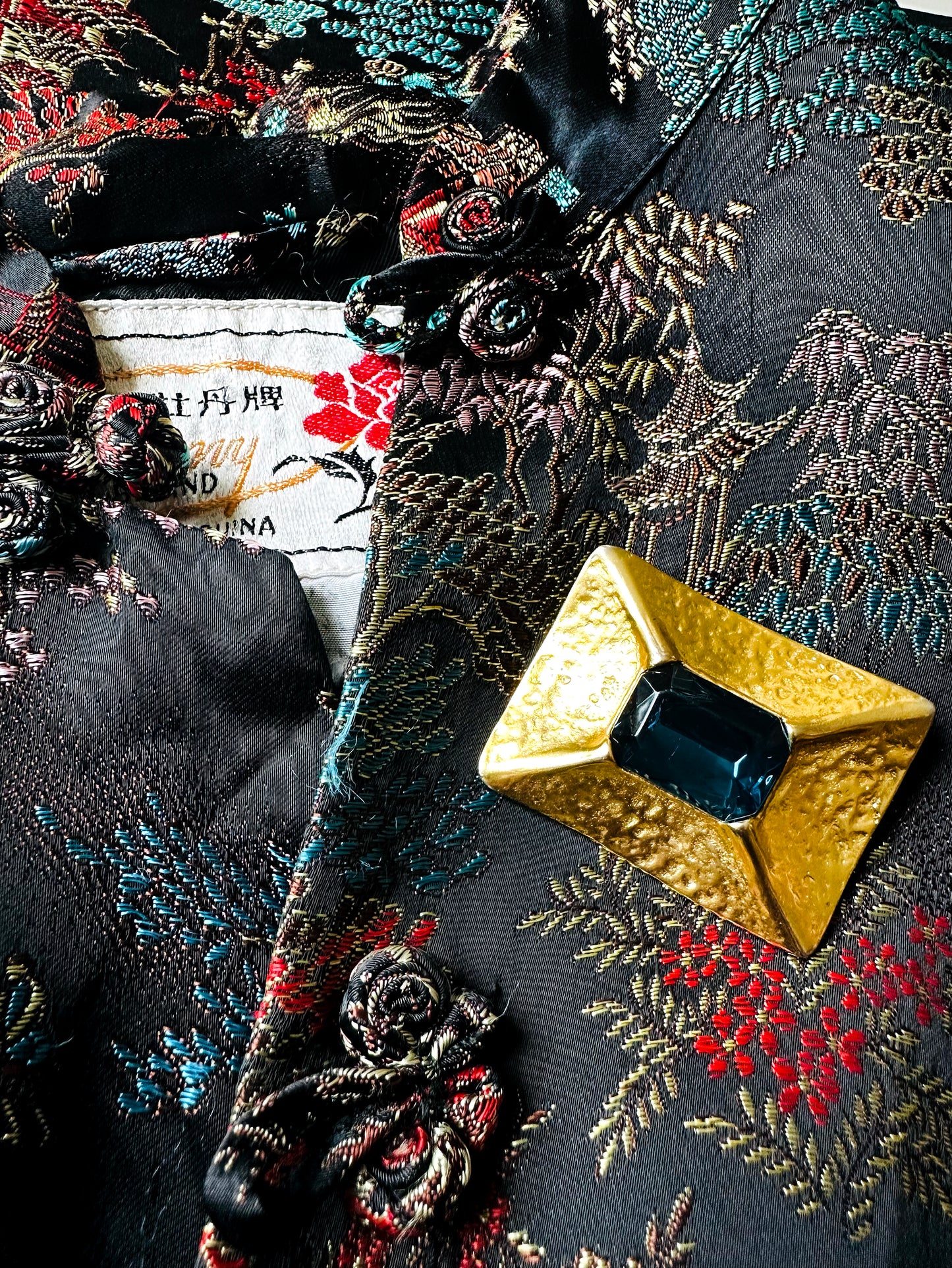 1960s Mid-Century Black Silk Chinoiserie Landscape Mandarin Collar Jacket - Sz. Sm