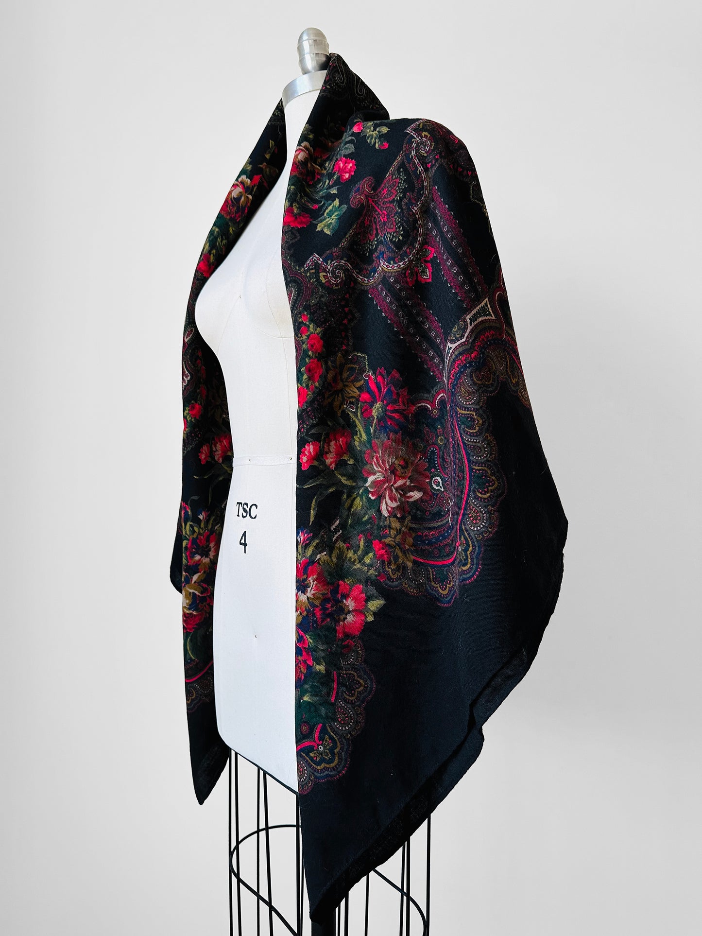 X-Large Black and Red Floral Italian Wool Scarf