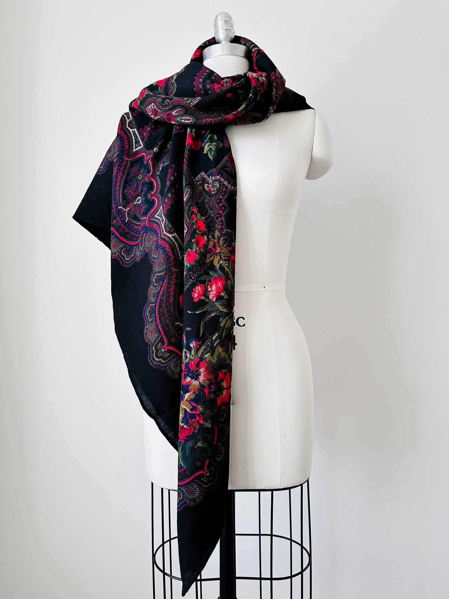 X-Large Black and Red Floral Italian Wool Scarf