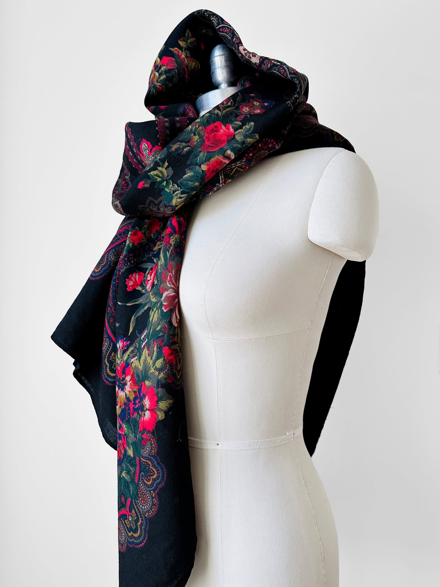 X-Large Black and Red Floral Italian Wool Scarf