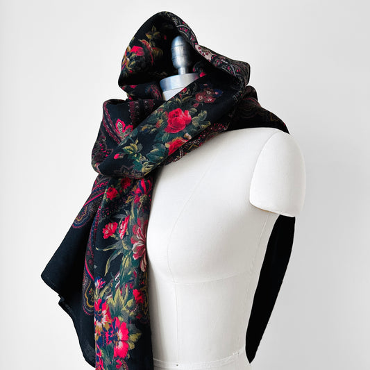 X-Large Black and Red Floral Italian Wool Scarf