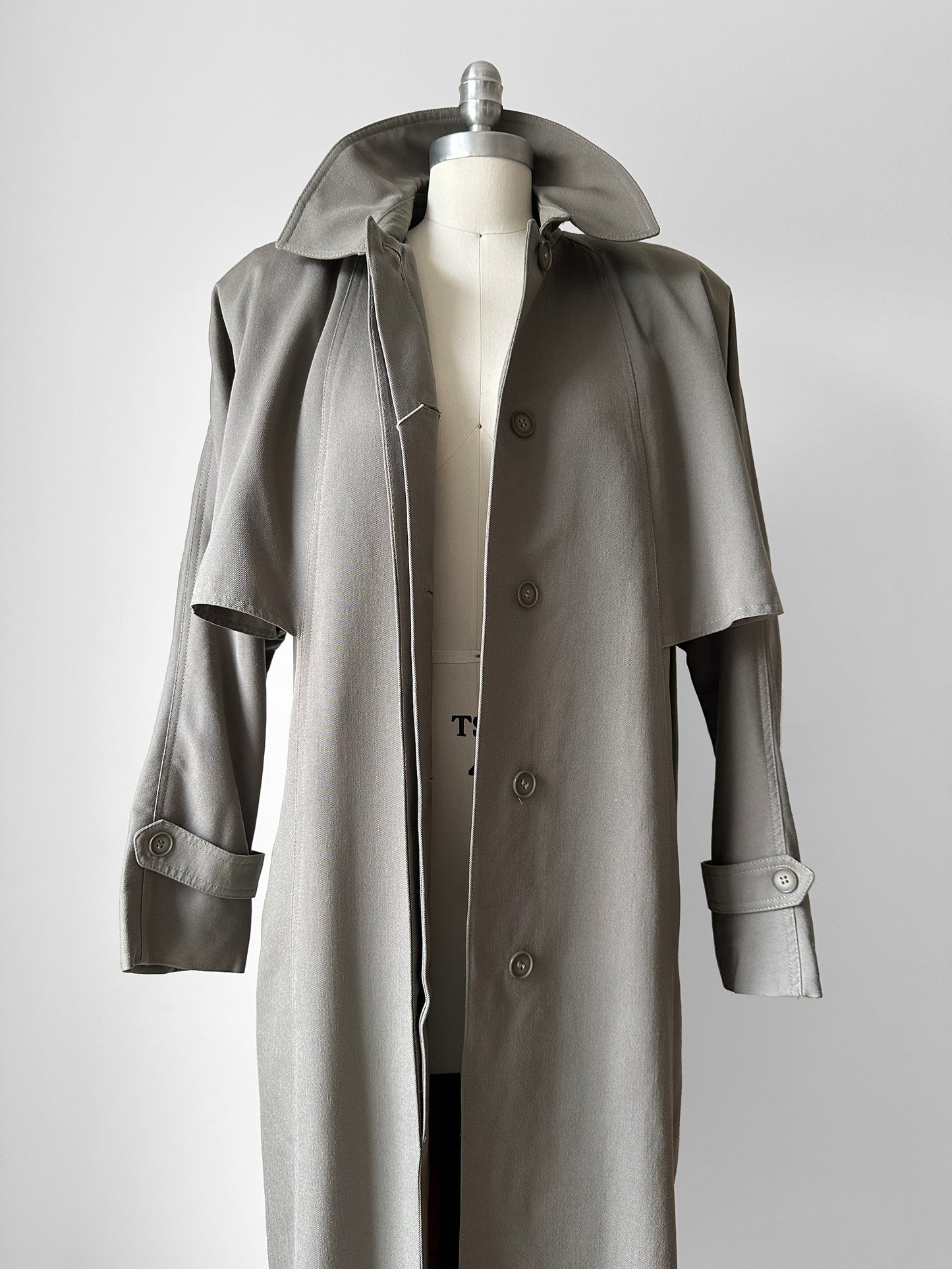 Vintage 1980s Classic Greige Wool Caped Trench Overcoat - Sz. S/M