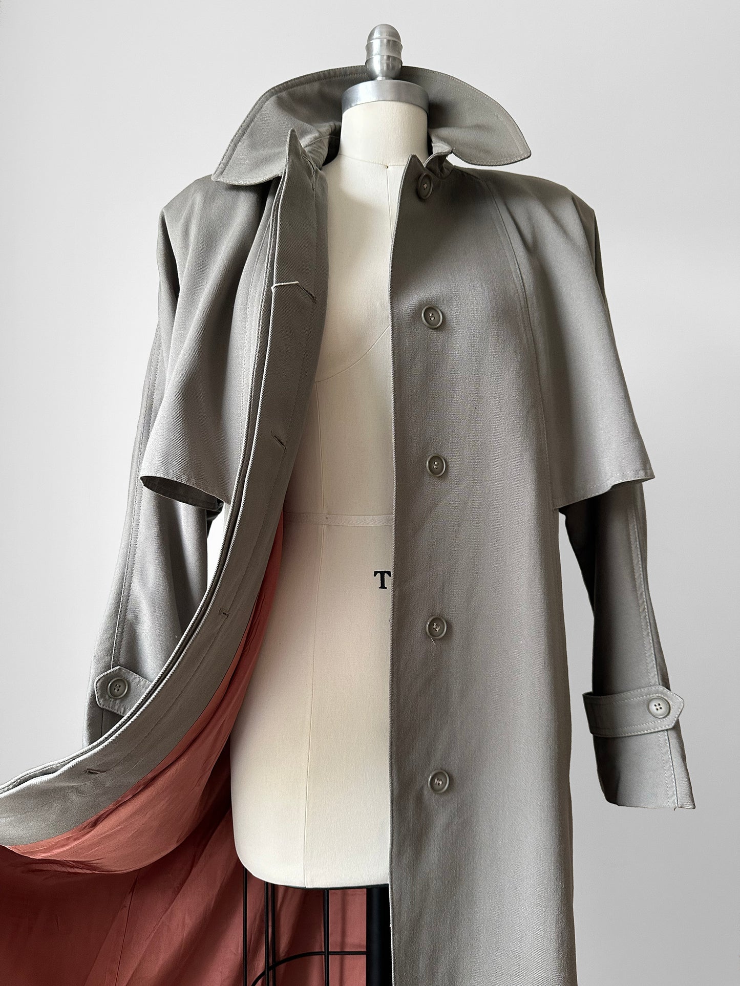 Vintage 1980s Classic Greige Wool Caped Trench Overcoat - Sz. S/M