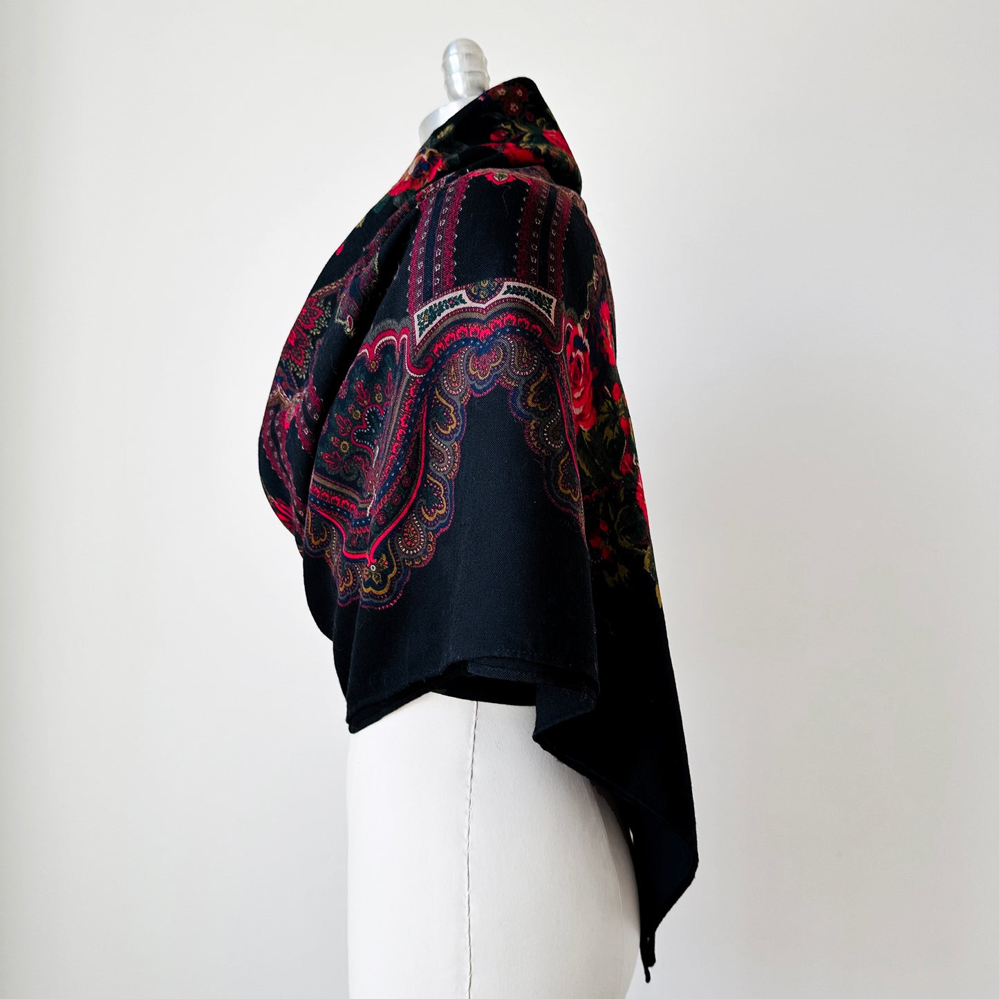 X-Large Black and Red Floral Italian Wool Scarf