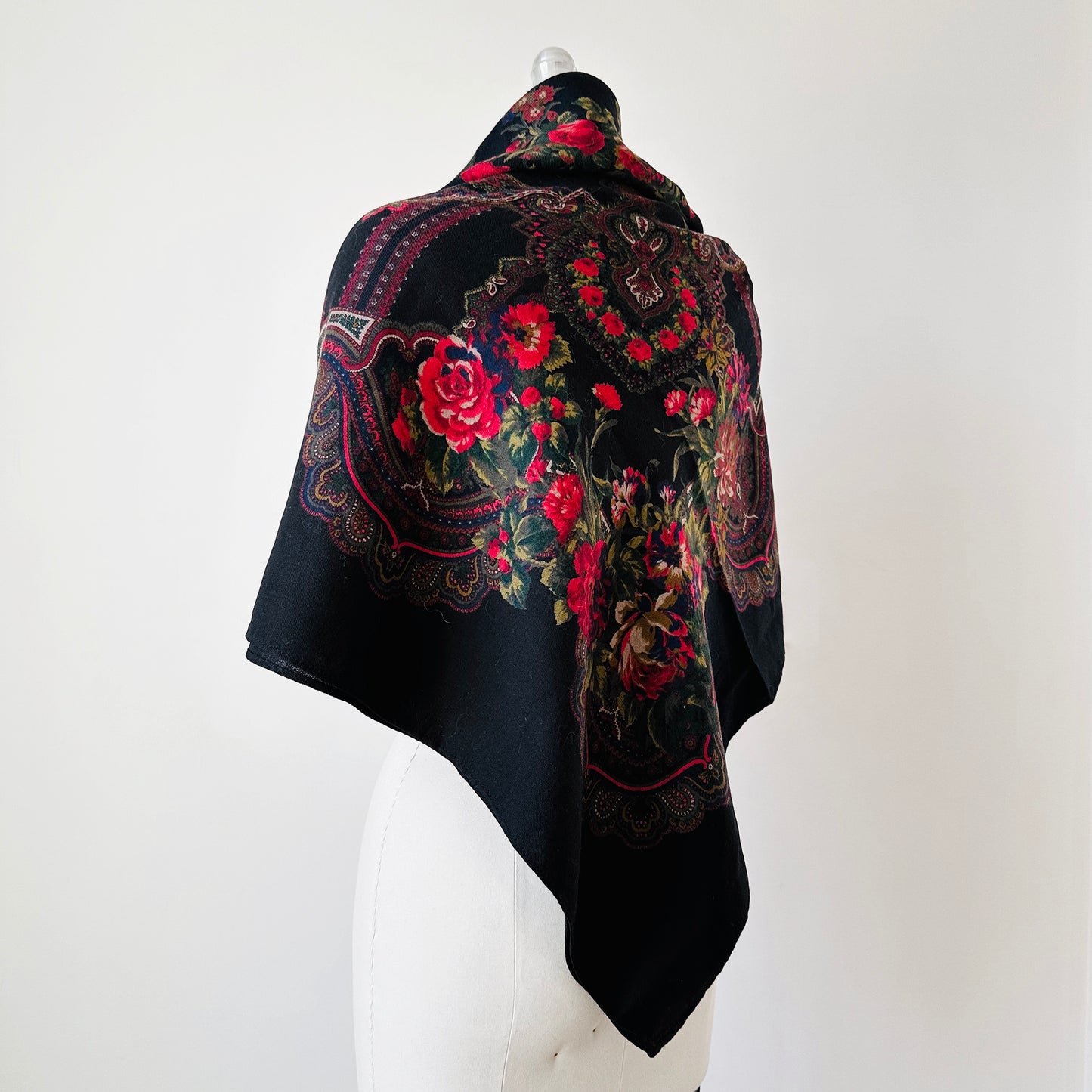 X-Large Black and Red Floral Italian Wool Scarf