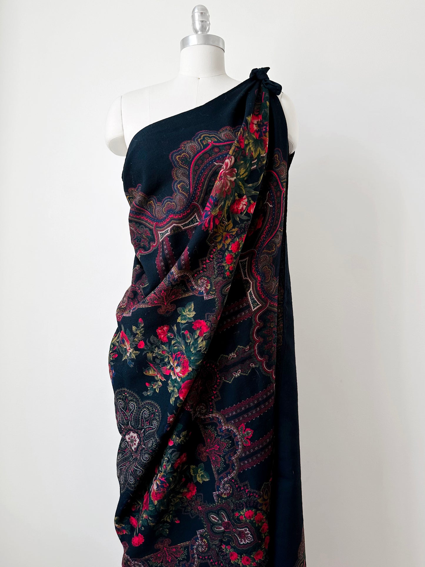 X-Large Black and Red Floral Italian Wool Scarf