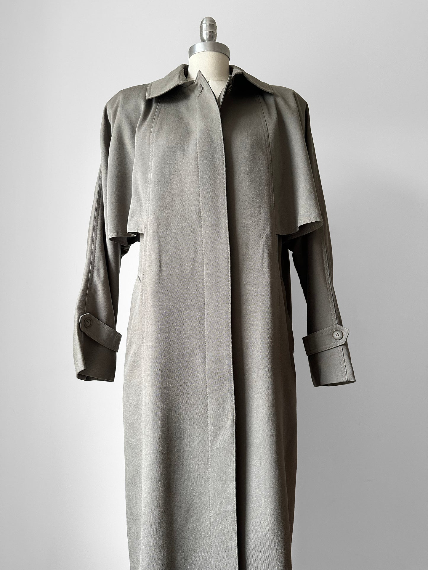 Vintage 1980s Classic Greige Wool Caped Trench Overcoat - Sz. S/M
