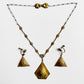 1920s Art Deco Flower Pyramid Antiqued Tarnished Gold-Toned Link Necklace and Screw-Back Earrings Set