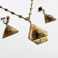 1920s Art Deco Flower Pyramid Antiqued Tarnished Gold-Toned Link Necklace and Screw-Back Earrings Set