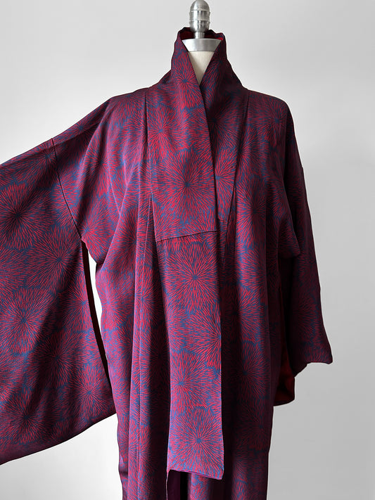 1980s Plum Navy Starburst Silk Kimono  - Sz. O/S