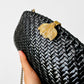 1960s Black Woven Basket Style Gold Leaf Clasped Evening Bag