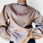 1980s Taupe Ruched Neck Dotted Metallic Blouse - Sz. M