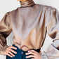 1980s Taupe Ruched Neck Dotted Metallic Blouse - Sz. M