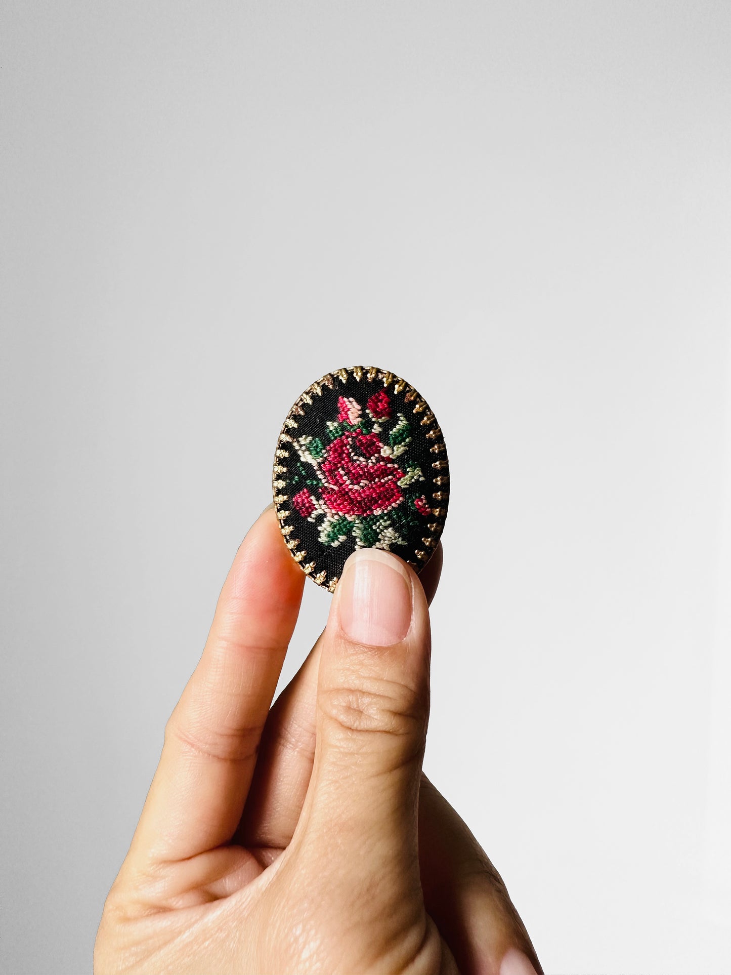 1950s Oval Roses Petit Point Brooch Pin