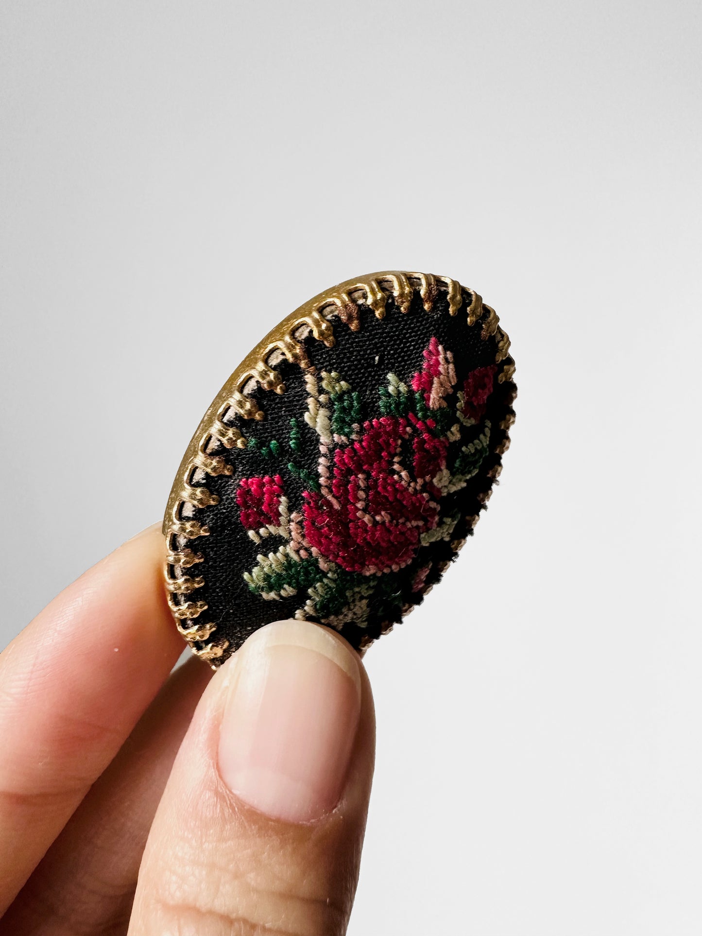 1950s Oval Roses Petit Point Brooch Pin