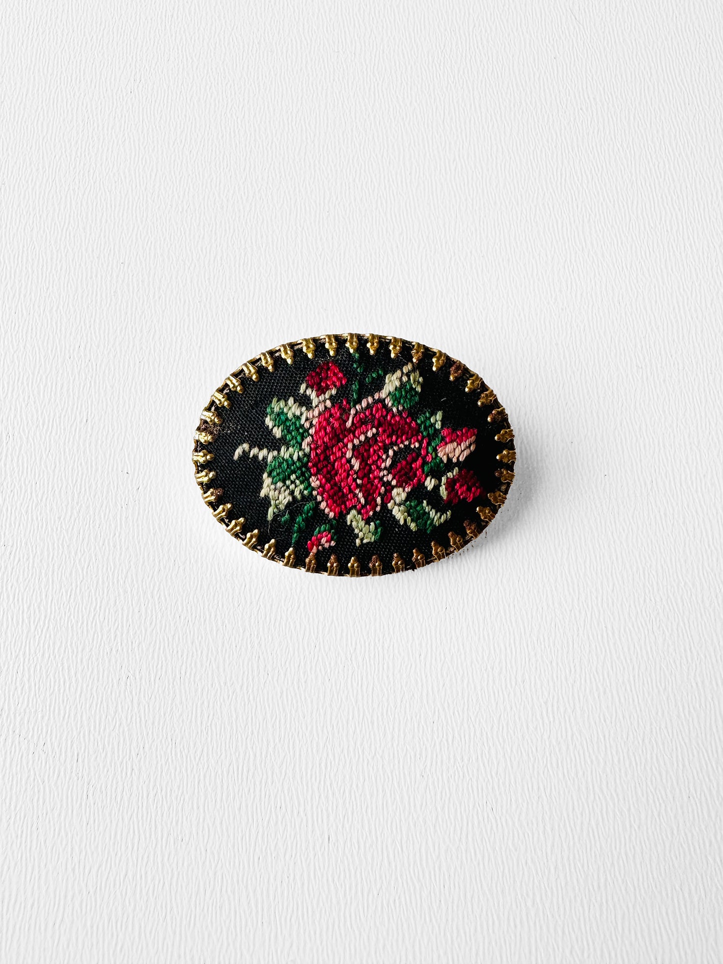 1950s Oval Roses Petit Point Brooch Pin