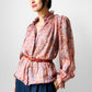 1970s Ruffle Neck Button Front Patterned Double Faced Silk Blouse - Sz. S