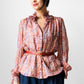 1970s Ruffle Neck Button Front Patterned Double Faced Silk Blouse - Sz. S