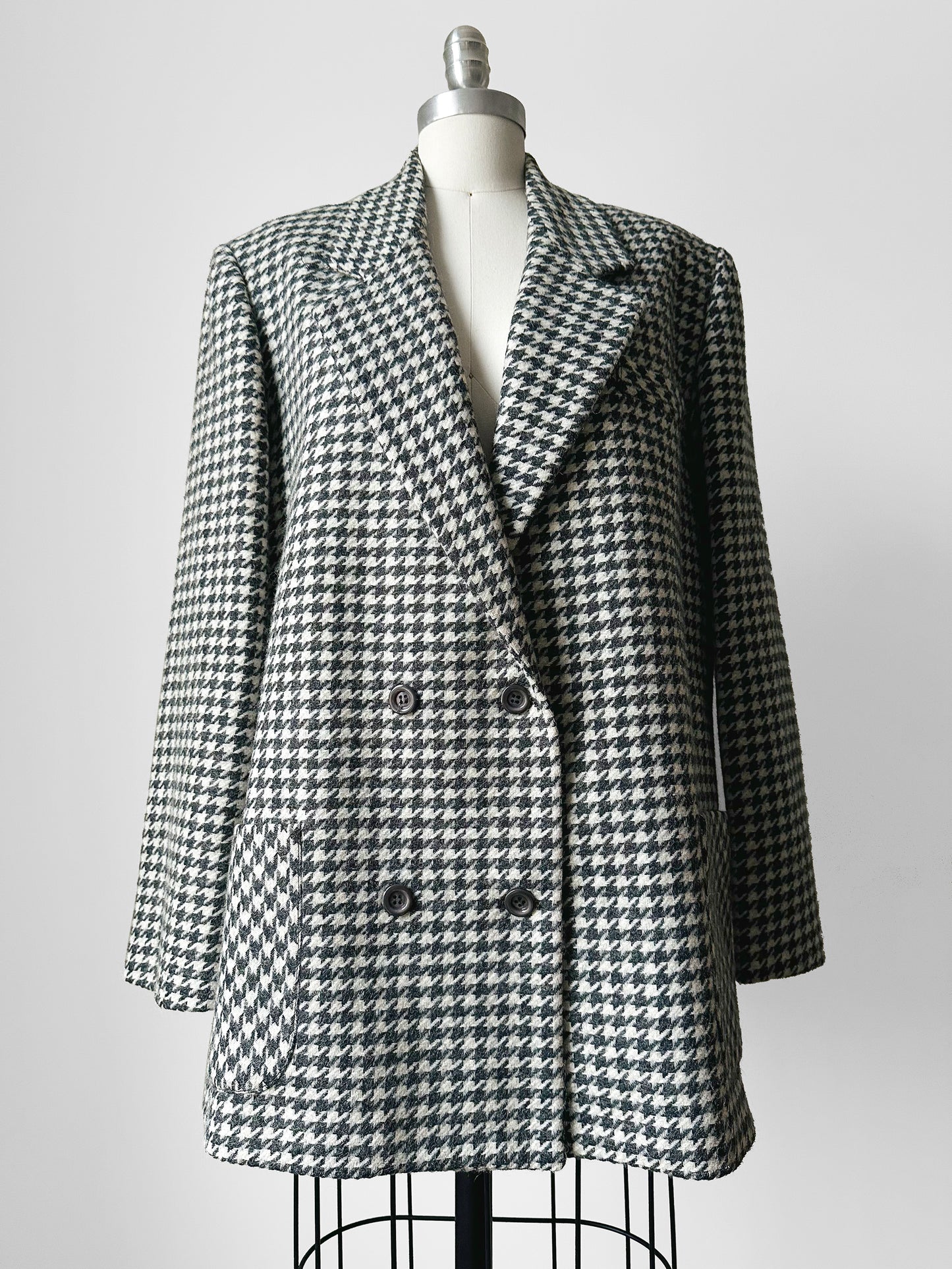 1980s Grey and Off-White Wool Houndstooth Blazer Double-Breasted Jacket- Sz. M