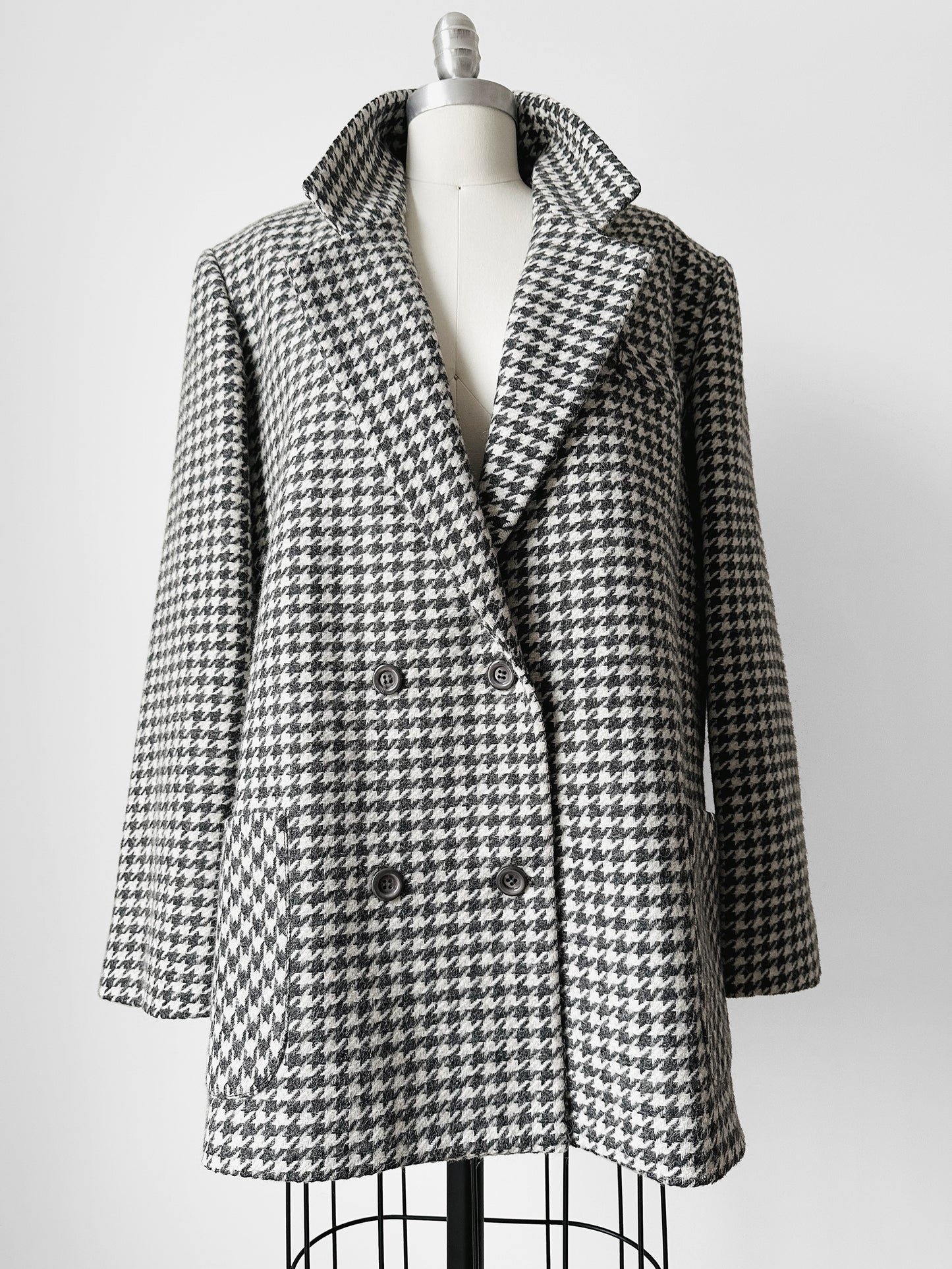 1980s Grey and Off-White Wool Houndstooth Blazer Double-Breasted Jacket- Sz. M