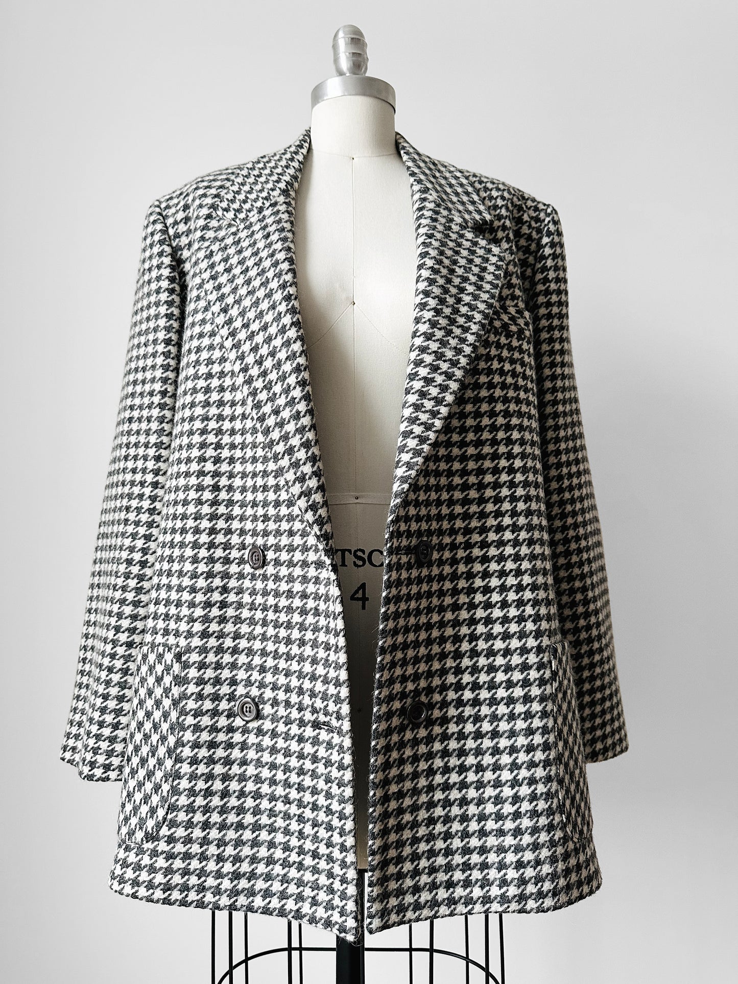 1980s Grey and Off-White Wool Houndstooth Blazer Double-Breasted Jacket- Sz. M