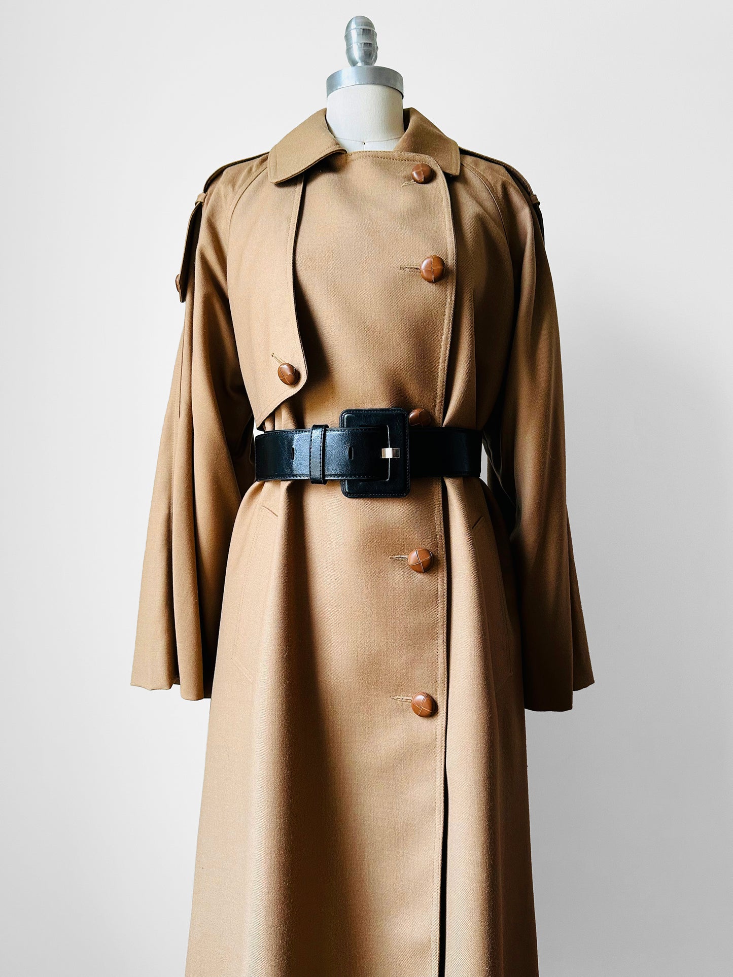 1980s Tan Wool Double Breasted Trench Duster Coat - Sz. S/M