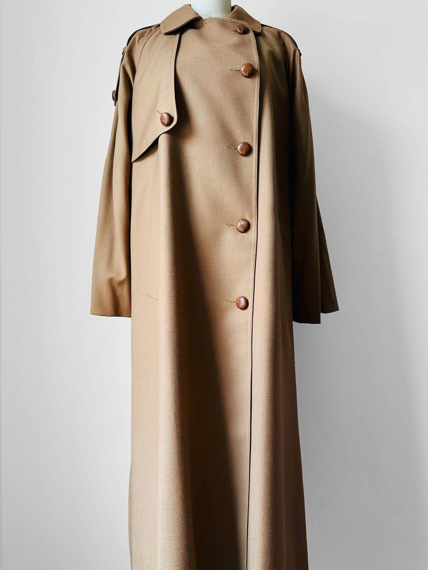 1980s Tan Wool Double Breasted Trench Duster Coat - Sz. S/M