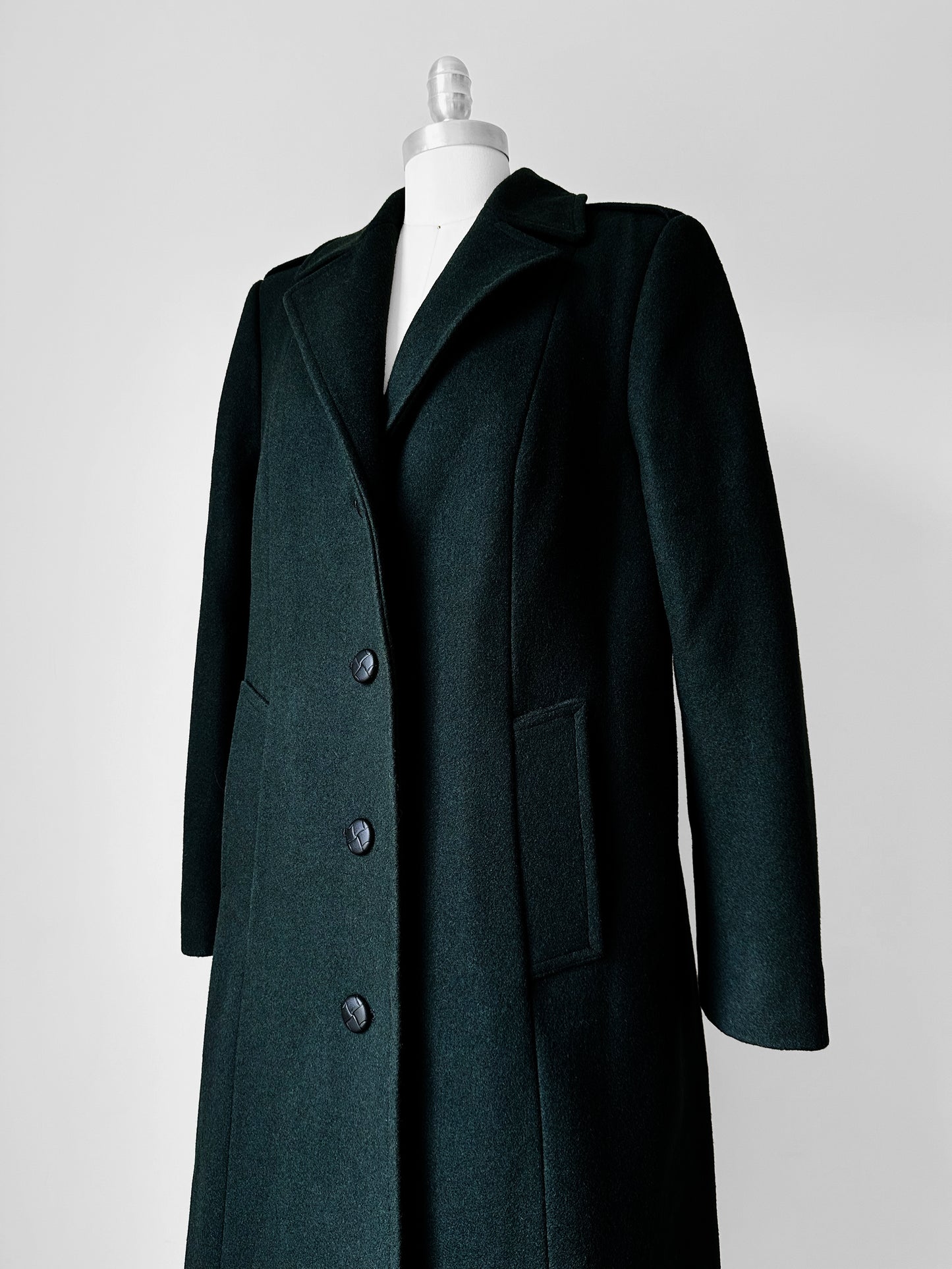 1980s Hunter Green Heavy Wool Military Overcoat - Sz. S/M