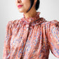 1970s Ruffle Neck Button Front Patterned Double Faced Silk Blouse - Sz. S