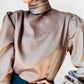 1980s Taupe Ruched Neck Dotted Metallic Blouse - Sz. M