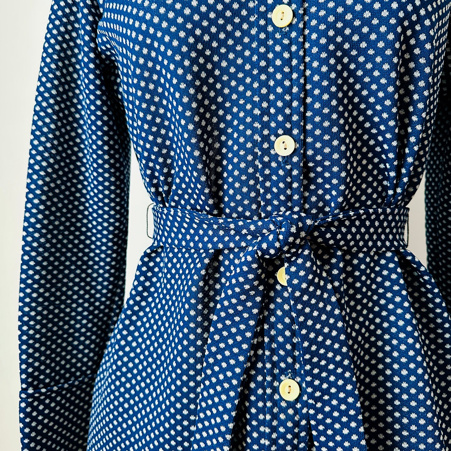 1970s Navy and Cream Polkadot Tied Waist Shirt - Sz. S/M