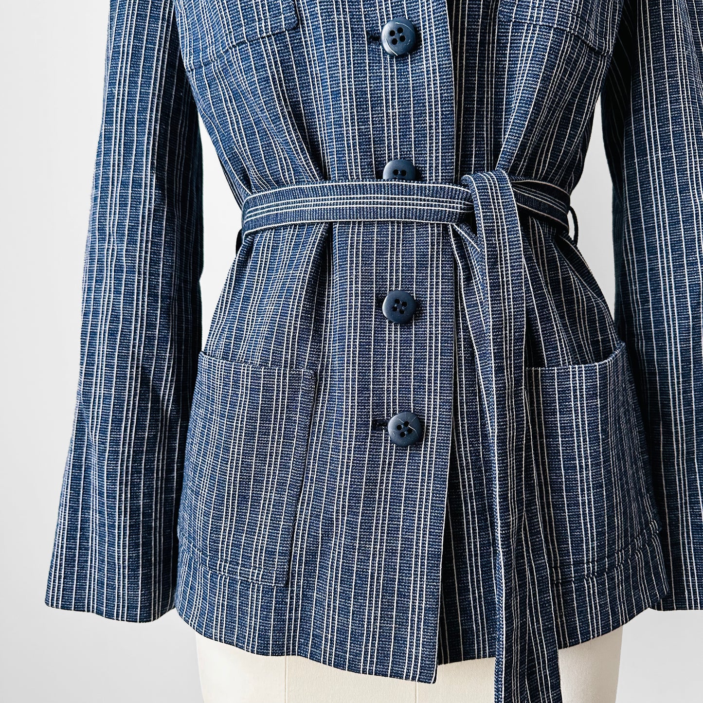 1970s Navy and White Stripe Belted Button Front Collared French Jacket - Sz. S/M