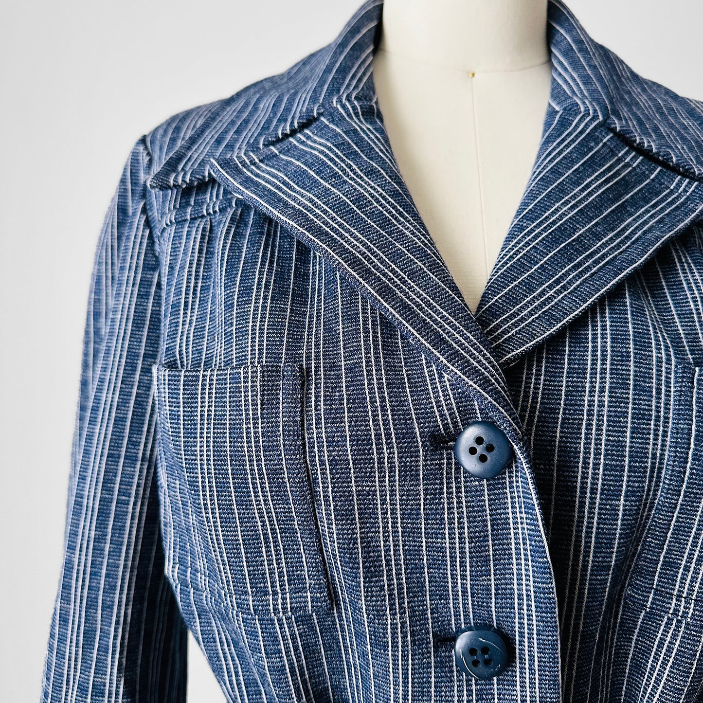 1970s Navy and White Stripe Belted Button Front Collared French Jacket - Sz. S/M