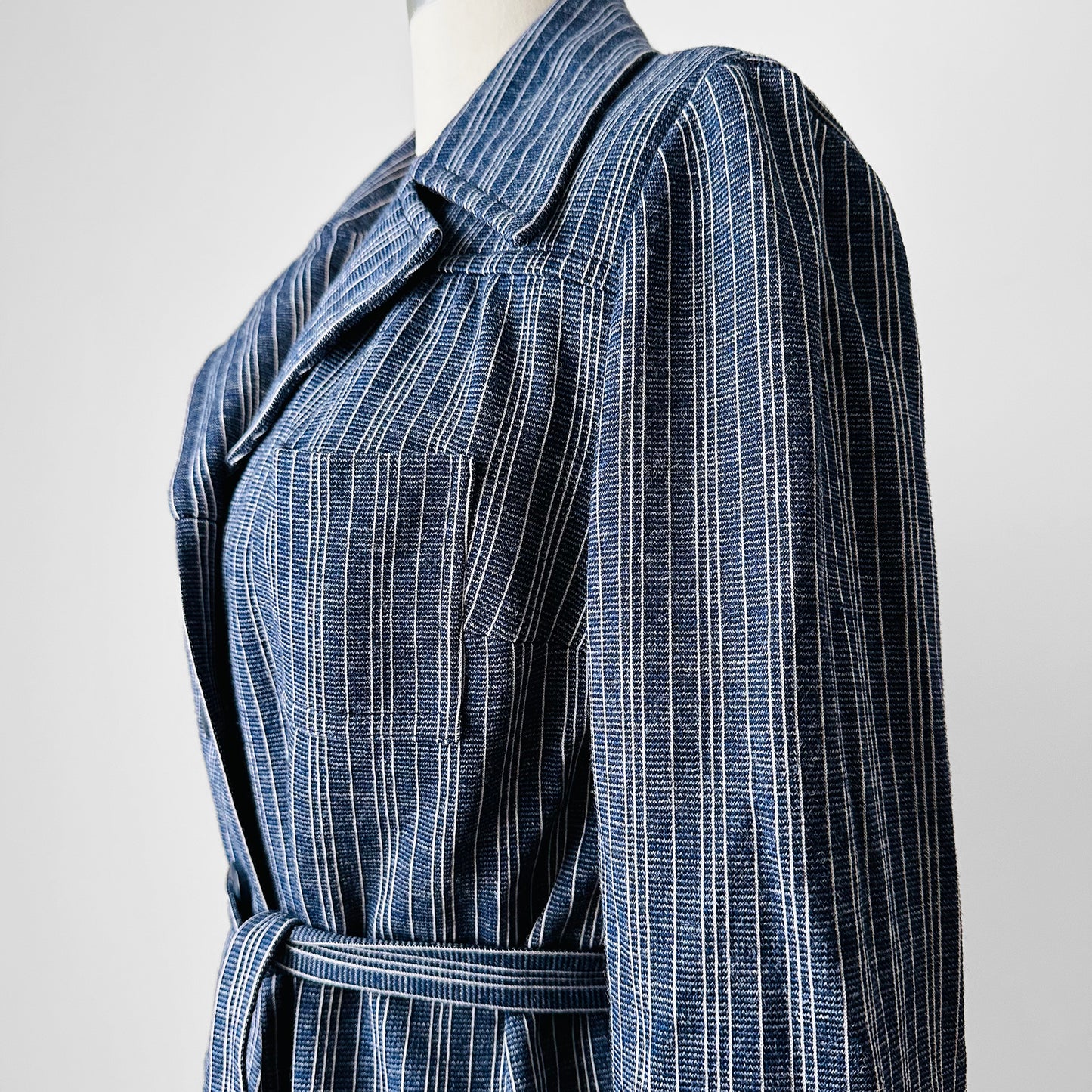 1970s Navy and White Stripe Belted Button Front Collared French Jacket - Sz. S/M