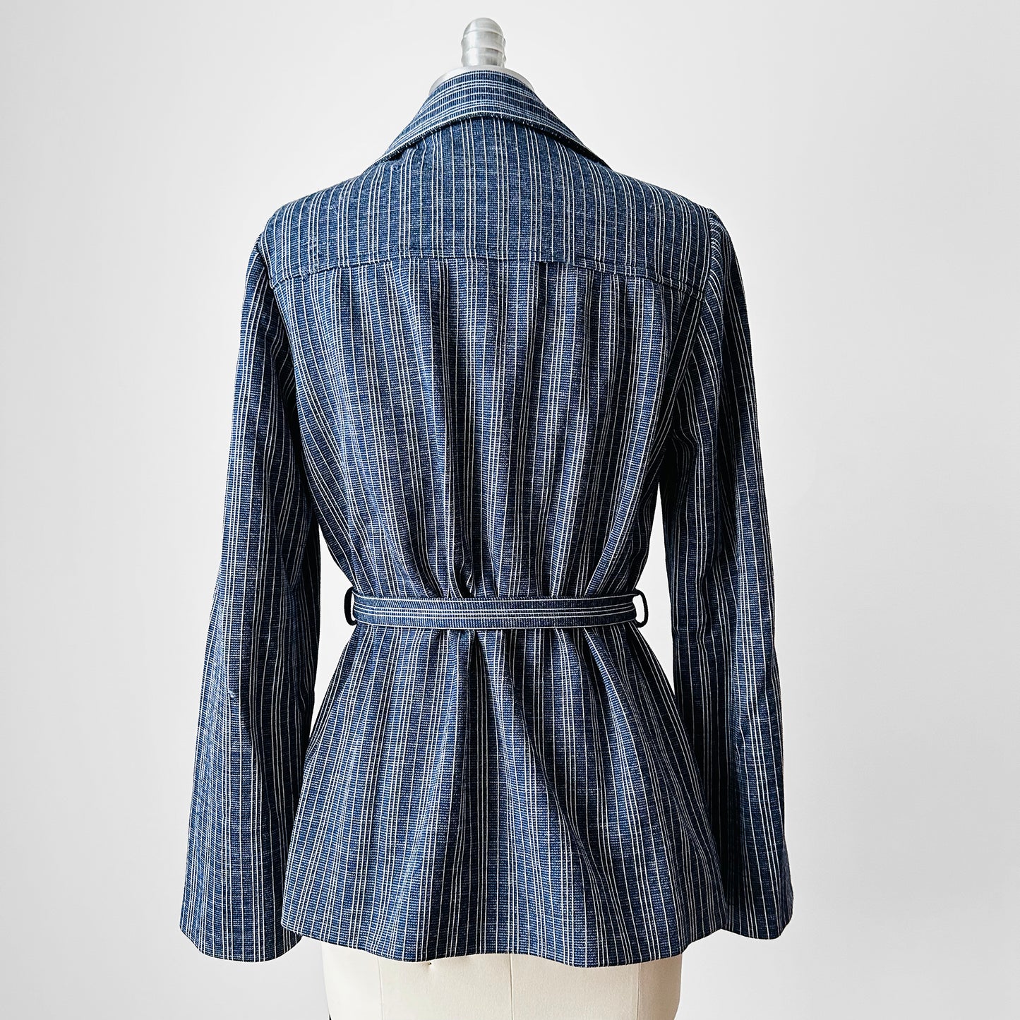 1970s Navy and White Stripe Belted Button Front Collared French Jacket - Sz. S/M