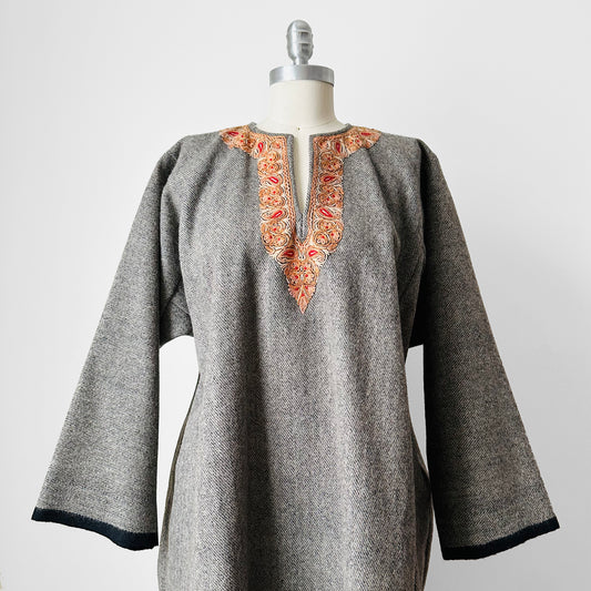 Grey Embroidered Wool Heavy-Weight Tunic Dress - Sz. S/M