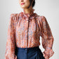 1970s Ruffle Neck Button Front Patterned Double Faced Silk Blouse - Sz. S