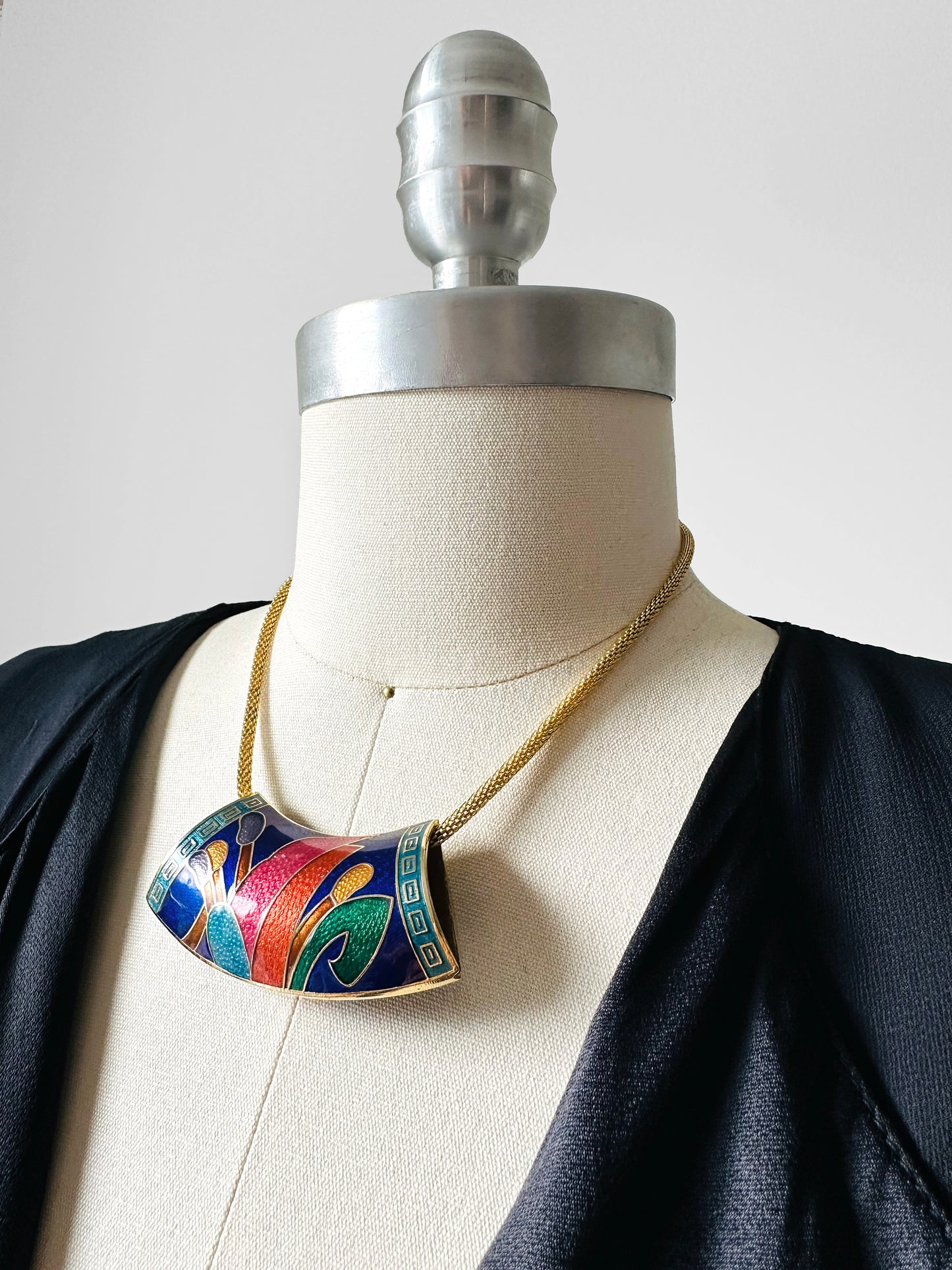1980s Jewel-Toned Enamel Gold-Toned Statement Necklace