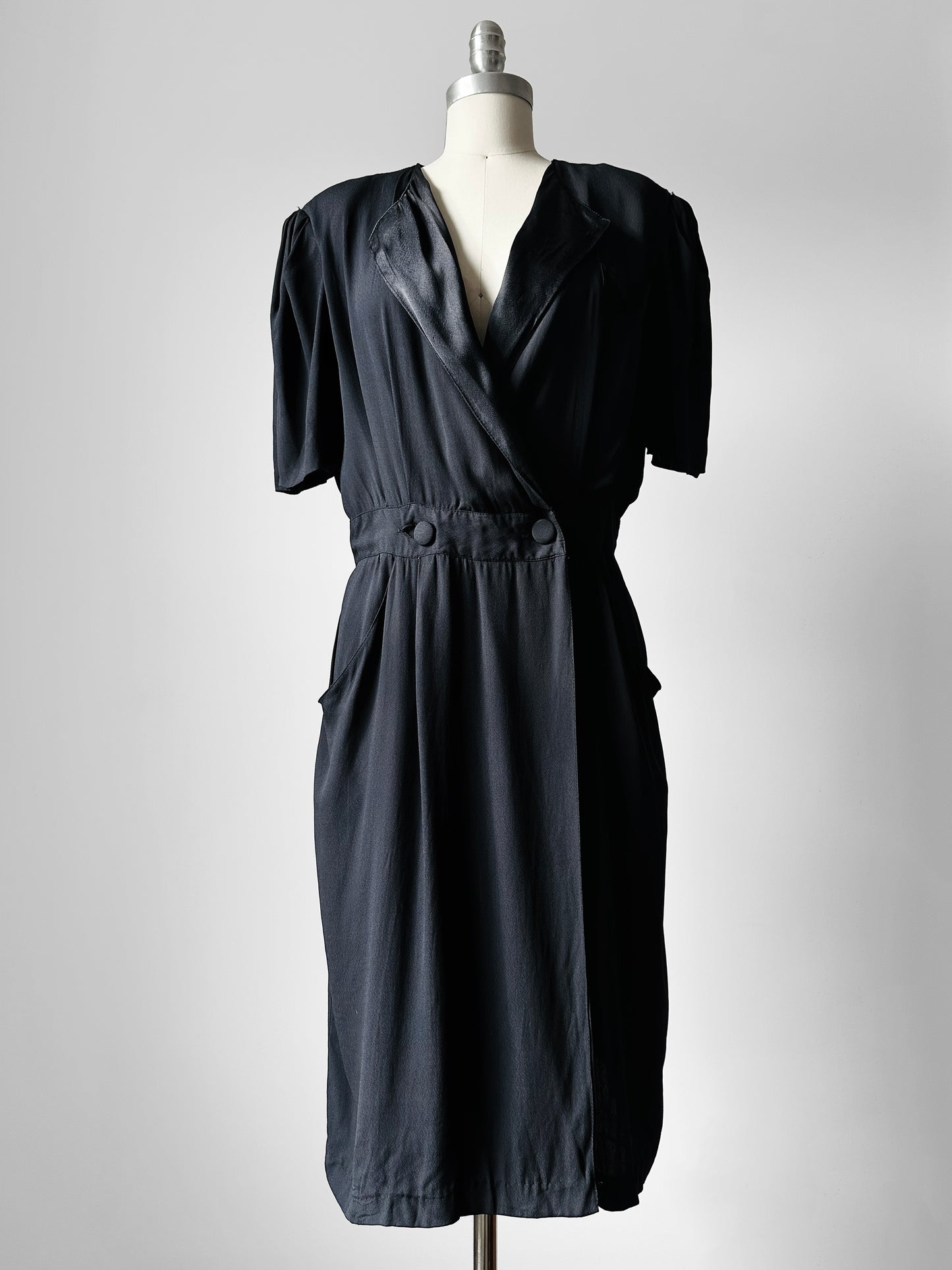 1980's Black Tuxedo Style Wrap Dress - Sz. S/M